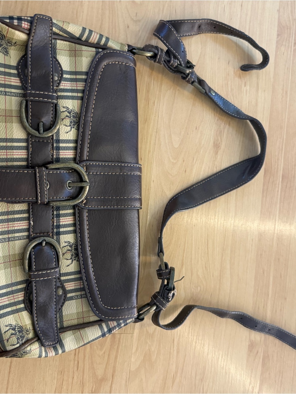 Hunter Plaid Messenger Bag with Dark Brown Leather Trim